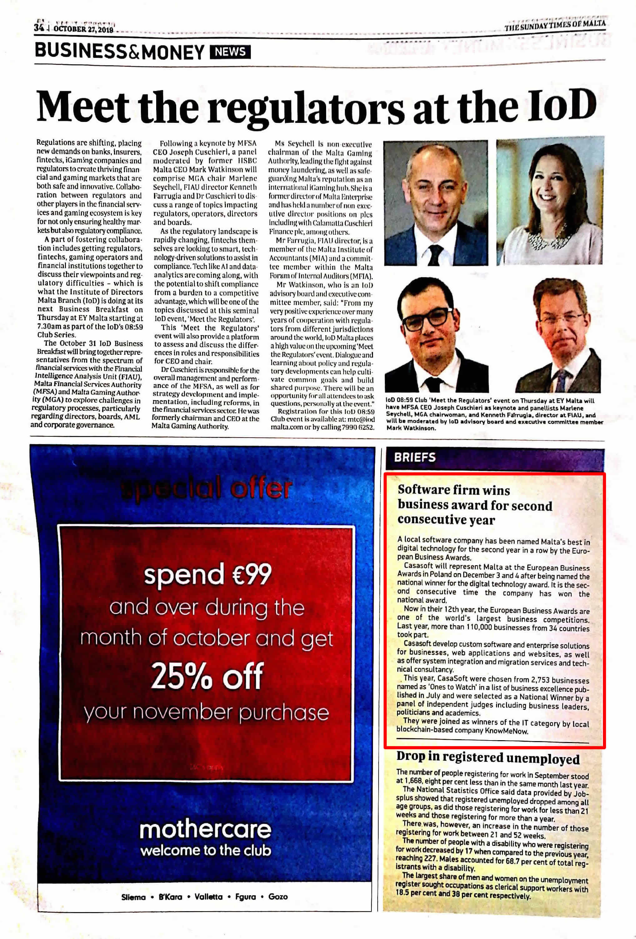 CasaSoft's achievement featured in the Sunday Times of Malta (27 Oct 2019) under the Business & Money section
